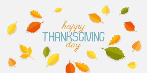 Obraz premium Happy Thanksgiving concept with lettering and orange leaves on a background. Vector banner. 