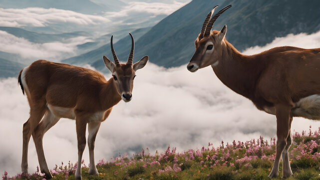 Gazelle mother and baby in a floral pasture in nature.