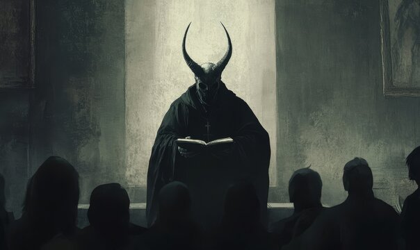 A devilish figure reads a book to a crowd.