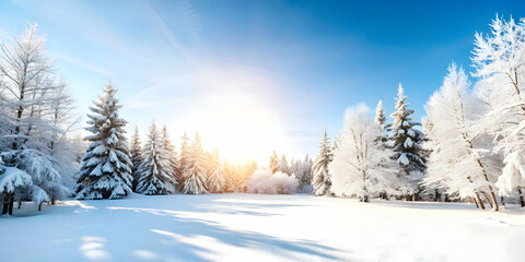 Fototapeta premium Serene Glossy Winter Forest with Snow-Covered Trees: Perfect Background for Winter Promotions and Clear Copy Space