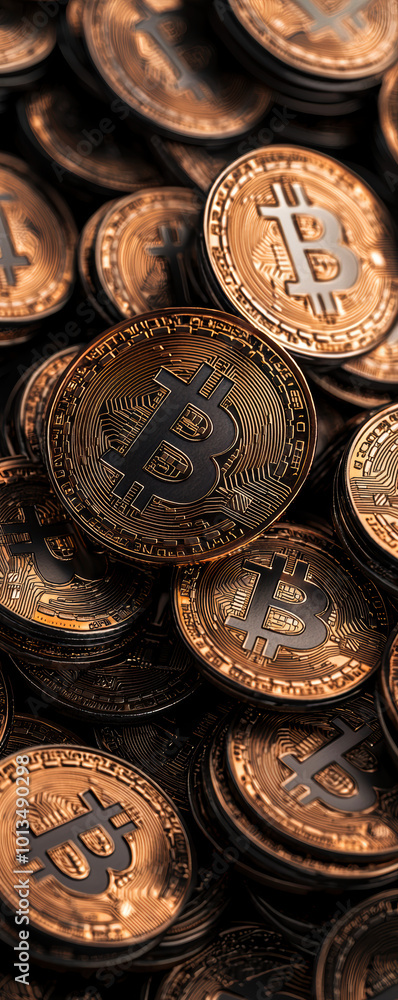 Poster close-up of multiple bitcoin coins on a dark background.