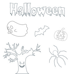 Vector coloring book for children halloween
Ghost, halloween inscription, pumpkin, spider, bat, halloween tree
