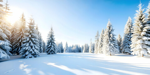 Serene Glossy Winter Forest with Snow-Covered Trees: Ideal Background for Winter Promotions & Text Space in a Captivating Landscape