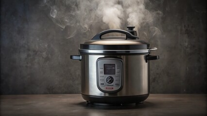 A stainless steel pressure cooker with steam rising from the vent on a gray countertop.
