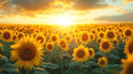 Obraz premium Golden Sunflower Field at Sunset with Vibrant Horizons and Warm Light