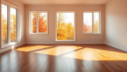 Fototapeta premium An empty living room with hardwood floors and large windows framing a view of golden and red trees outside. 