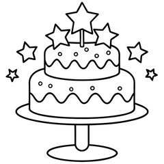 stars and birthday cake outline coloring book page line art drawing