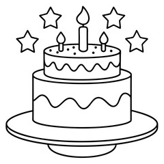 stars and birthday cake outline coloring book page line art drawing