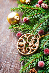 Christmas decoration on rustic wooden background. Close up.