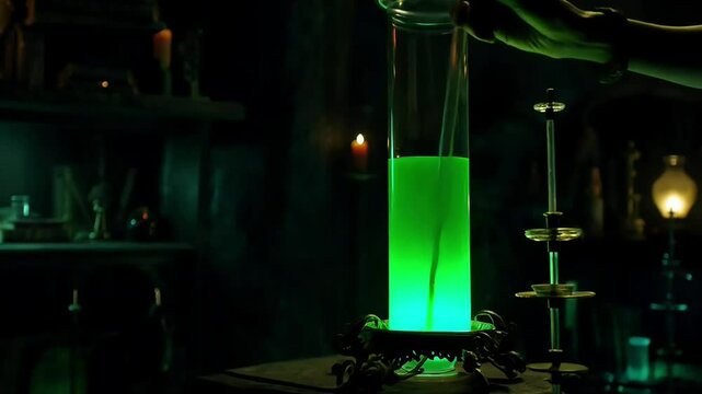 Green poisonous magic potion on dark laboratory background