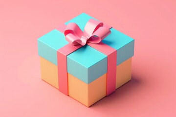Obraz premium 3D illustration of a colorful gift box with a pink ribbon and bow, set against a pastel pink background. Celebration, gift-giving, and holiday concept. Generative AI