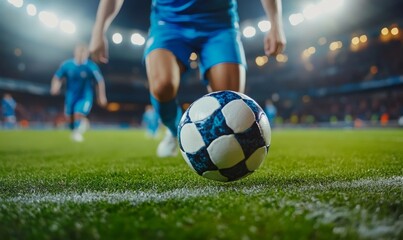 Soccer Football Match Event on a Major League Championship: Blue Team Attacks, Playing Pass, Dribbling. Action Game Tournament. Live Sport Channel Broadcast Television