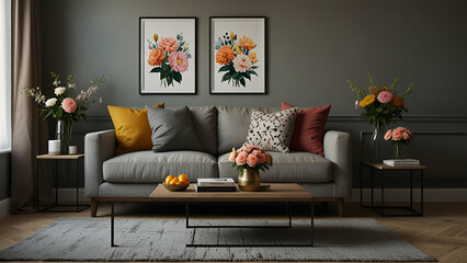 Modern Scandinavian home interior design characterized by an elegant living room featuring a comfortable sofa, mid century furniture, cozy carpet, wooden floor, white walls, and home plants.
