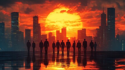 Silhouette of people walking towards large sun in city.