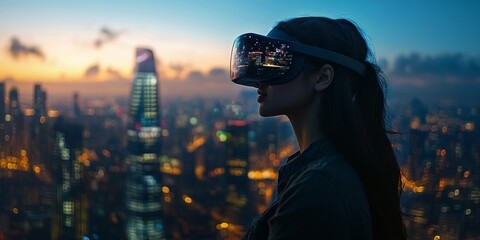 Woman interacting with virtual reality interface, cityscape background, Generative AI