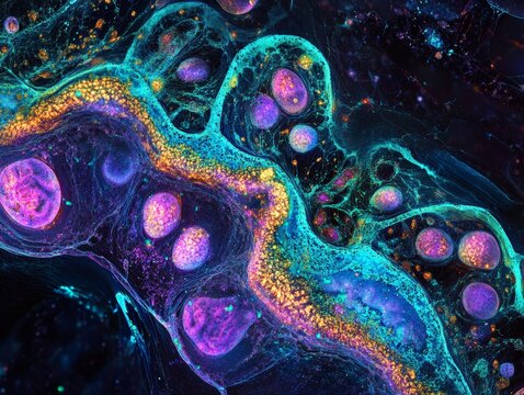 Microscopic Visualization of Nutrient Absorption in Intestinal Cells, Exhibiting a Striking Tapestry of Cellular Structures and Processes