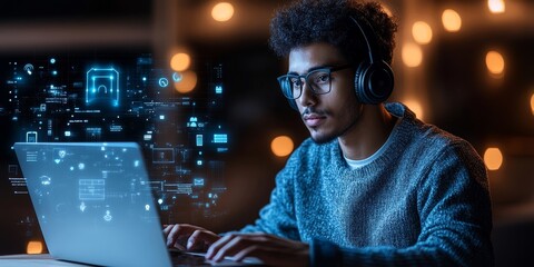 Man with headphones using laptop surrounded by AI icons and grap, Generative AI