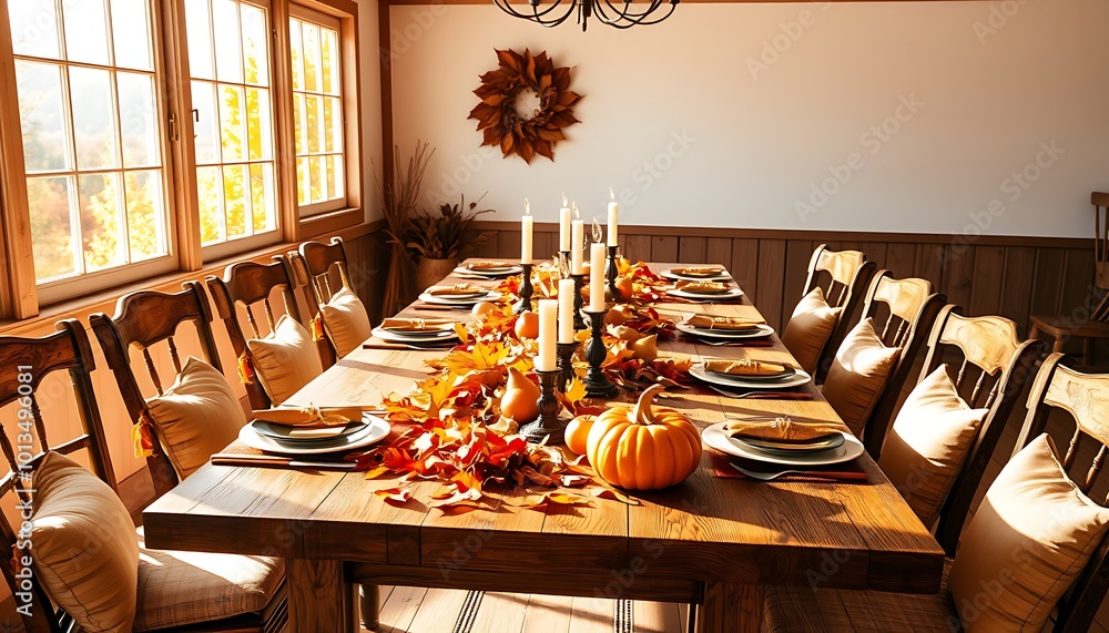 Wall mural A rustic dining room features a long wooden table set for a family meal, with autumn leaves and candles as the centerpiece. 