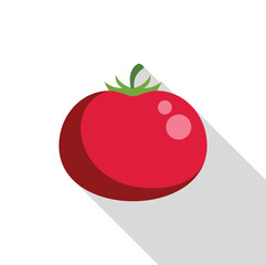 Red tomato with a green stem casting a long shadow on a white background
