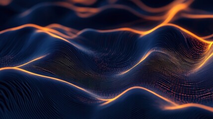 Fototapeta premium Abstract digital wave pattern with glowing orange lines on a dark blue background.