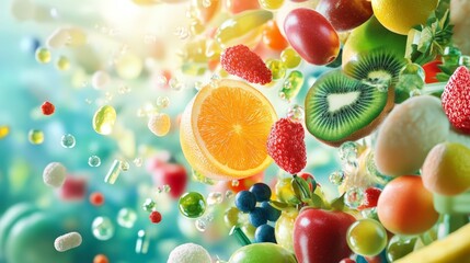 Vibrant 3D Illustration of Fresh Fruits and Nutrients, Representing a Healthy Diet