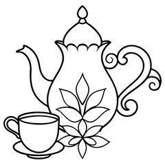 tea service with an elegant floral ornament outline coloring book page line art drawing