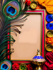 Obraz premium Vibrant Peacock Feather and Diya Border Frame with Generous Copy Space for Festive Greetings - Colorful Indian Cultural Design