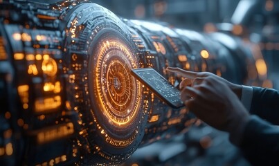 High-Tech Futuristic Technology Concept: Visualization Of Futuristic Airplane Engine Maintenance Conducted by Engineer Holding Digital Tablet Computer. VFX of Analytics Checking of Plane