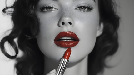 Black and white photo of a beautiful woman with bright red lips and bright red lipstick in her hand