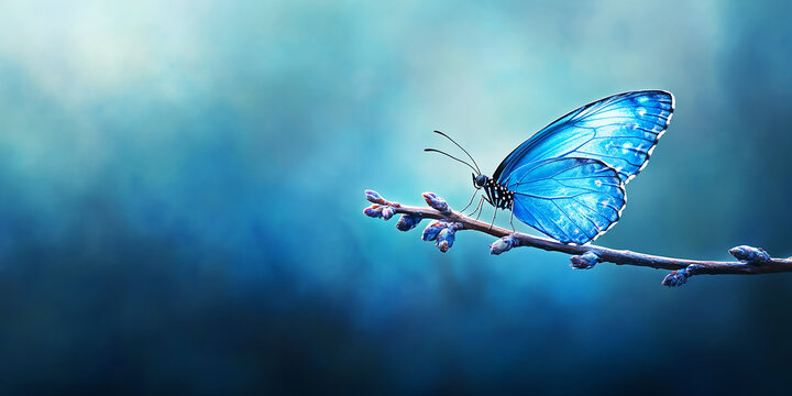 Sapphire Butterfly Wings Nature's Grace on a Gentle Branch. Generative AI