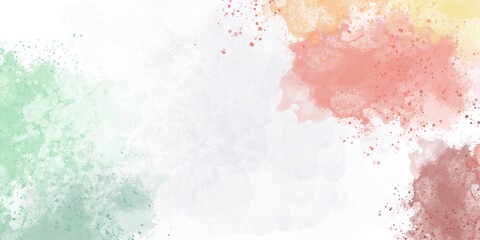 Abstract watercolor splatter background with pastel green, pink, yellow, and orange colors. Ideal for creative design, invitations, and artistic projects. Perfect for adding a soft, artistic touch.