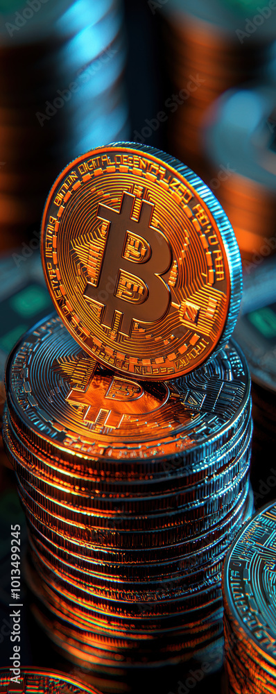 Poster golden bitcoin coins stacked with a glowing background.
