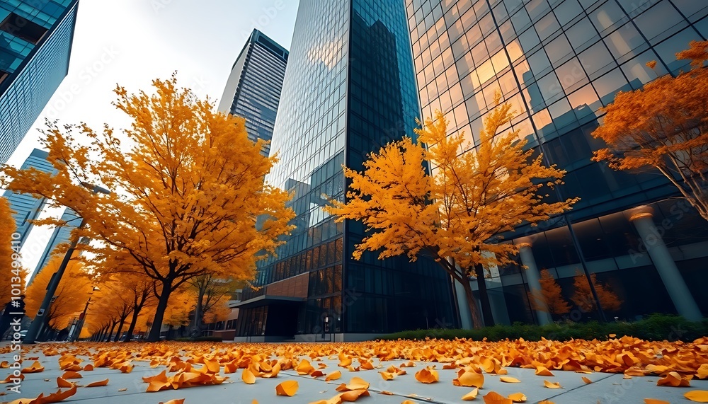 Wall mural A wide-angle shot of towering skyscrapers reflecting the warm hues of autumn trees below. 