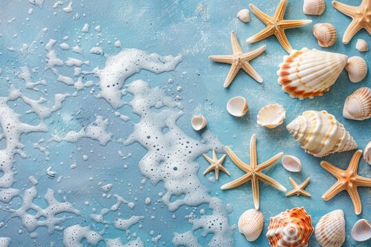 Flat lay of seashells and starfish on a textured blue background with sea foam bubbles. Beach and summer vacation theme. Generative AI