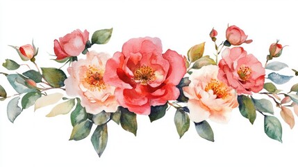 Obraz premium Watercolor painting of pink and white roses with green leaves.