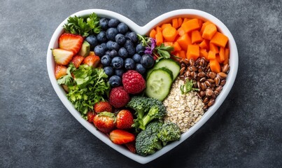 A vibrant photo showcasing a heartshaped bowl filled with nutritious diet foods, including fresh...