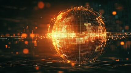 Obraz premium A glowing, digital, orange globe, a futuristic concept for technology, networking, and communication.