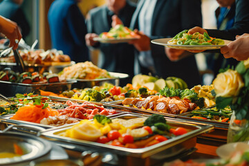 Obraz premium People group catering buffet food indoor in restaurant with meat colorful fruits and vegetables.