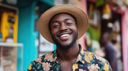 A cheerful Black man enjoys a Kwanzaa celebration in a colorful setting filled with decorations