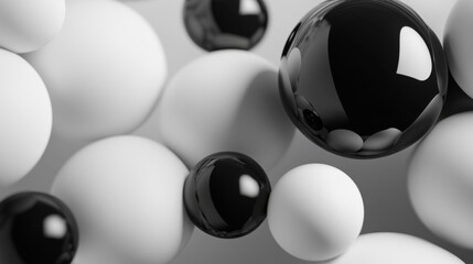 floating black and white spheres, abstract background. modern design concept