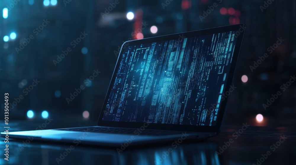 Poster corporate data security concept with a laptop displaying virtual documents, highlighting secure mana