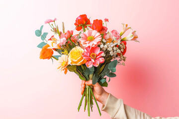Photo of cropped man arm hold big bright decorated bunch giving girlfriend valentine day romance gift present bouquet composition isolated pink color background