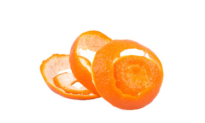 Swirly dried orange peel isolated on white background, side view