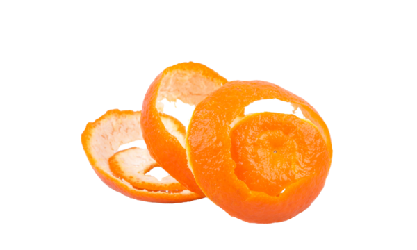 Swirly dried orange peel isolated on white background, side view