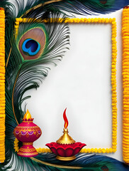 Obraz premium Vibrant 3D Peacock Feather and Diya Border Frame Design with Copy Space for Festive Greetings - Colorful & Elegant Icons on White Background