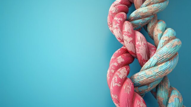 Close up view of a colorful and intricate pattern formed by knotted twisted and intertwined threads or strings in a tangled woven and braided design