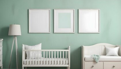 A minimalist nursery with a white crib, white bedding, and three empty white frames on a mint green wall.