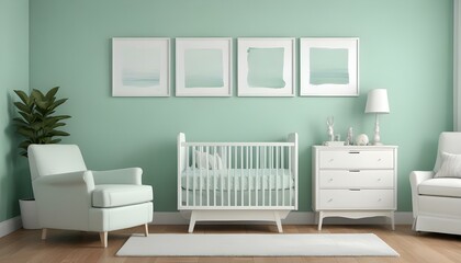 A minimalist nursery with a white crib, white bedding, and three empty white frames on a mint green wall.