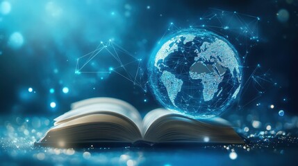 Futuristic concept of global education with an open book and digital globe map, highlighting literacy and learning in a connected world, blue background