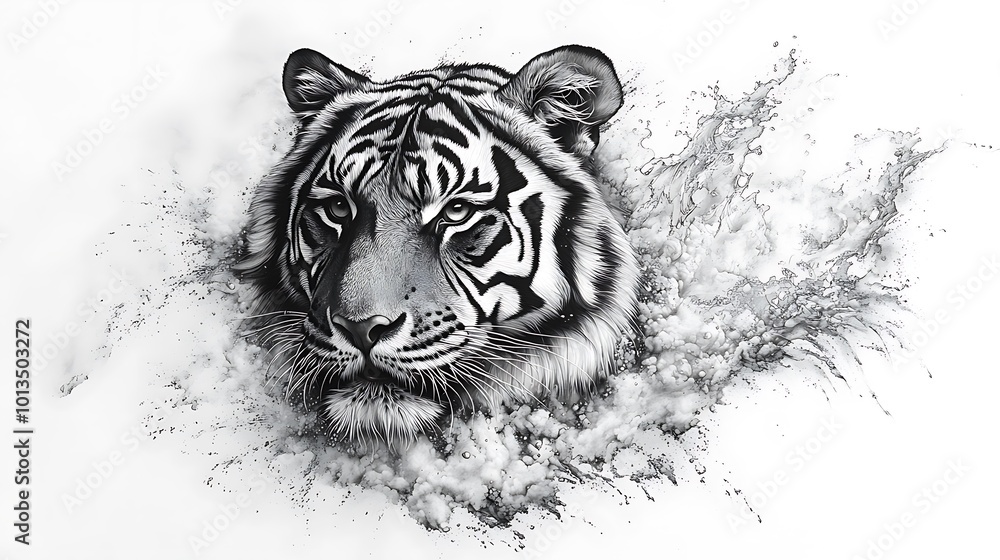 Poster a majestic tiger's face emerges from a splash of water, creating a dynamic and powerful image.